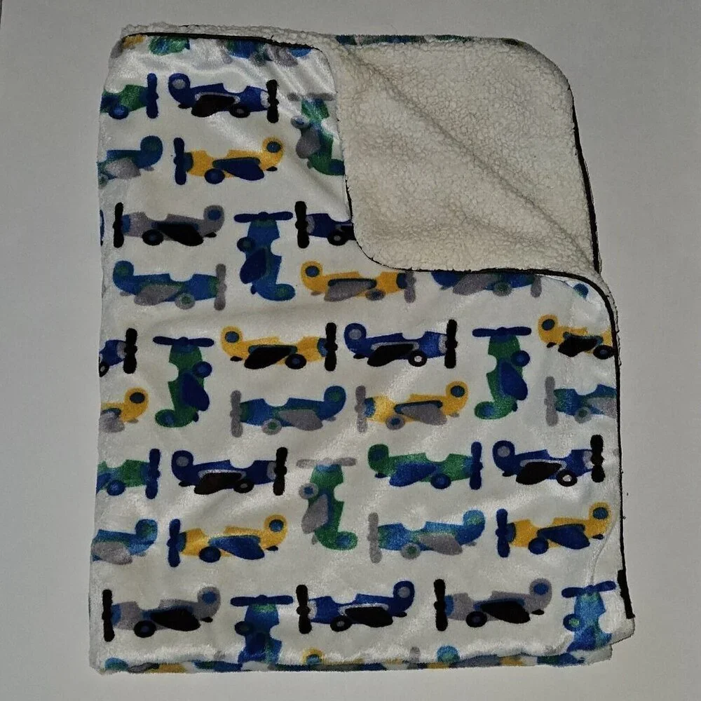 Airplane Fleece Baby Blanket 30x38 RN 119741 Blue Yellow Gray Green Black White